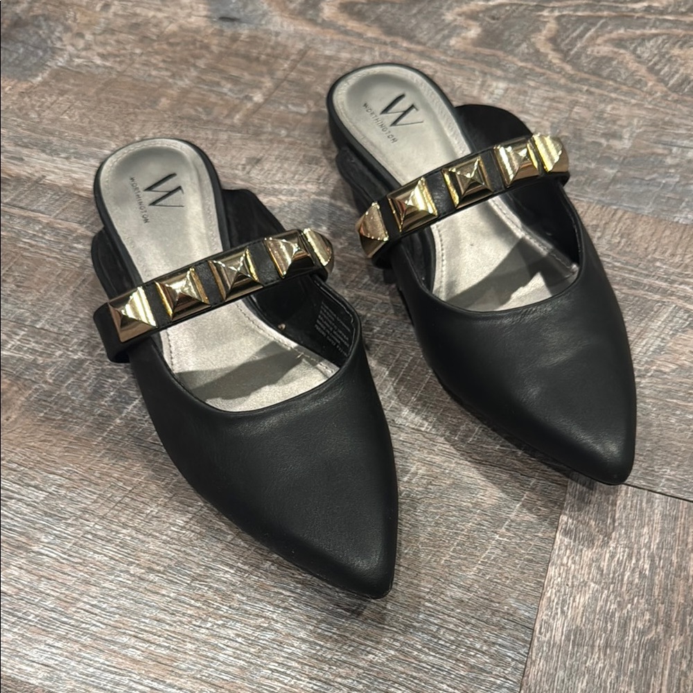 Worthington Black Mules with Gold Studs